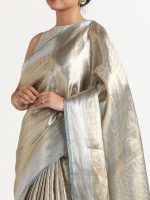 Metallic Silver Handwoven Brocade Tissue Silk Saree - Image 3