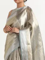 Metallic Silver Handwoven Brocade Tissue Silk Saree - Image 3