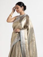 Metallic Silver Handwoven Brocade Tissue Silk Saree - Image 2