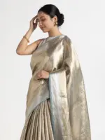 Metallic Silver Handwoven Brocade Tissue Silk Saree - Image 2