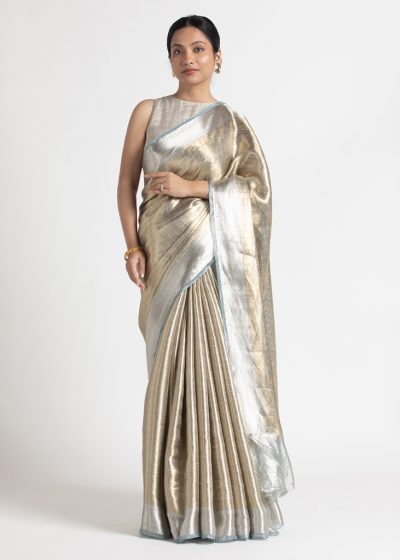 Metallic Silver Handwoven Brocade Tissue Silk Saree