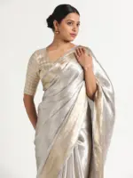 Silver Handwoven Brocade Tissue Silk Saree - Image 2