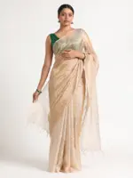 Ivory Handwoven Tussar Silk Saree