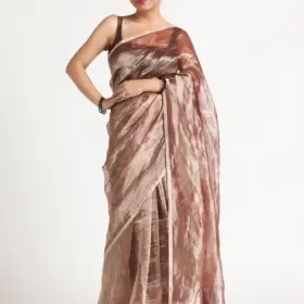 Dark Brown Printed Tissue Silk Saree