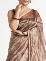Dark Brown Printed Tissue Silk Saree - Image 3