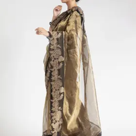 Gold Tissue Silk Saree with Beautiful Floral Applique Work