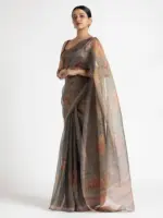 Grey Printed Tissue Silk Saree