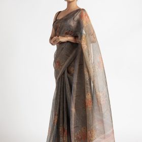 Grey Printed Tissue Silk Saree