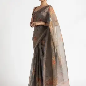 Grey Printed Tissue Silk Saree