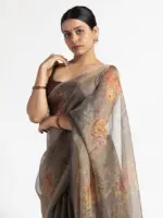 Grey Printed Tissue Silk Saree - Image 4