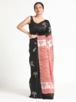 Black Block Printed Silk Saree