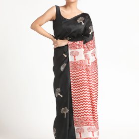 Black Block Printed Silk Saree