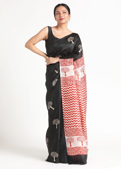 Black Block Printed Silk Saree