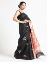 Black Block Printed Silk Saree - Image 3