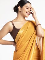 Mustard Chequered Chiffon Saree - Image 4