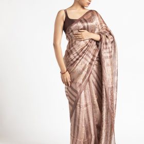 Brown Printed Tissue Silk Saree