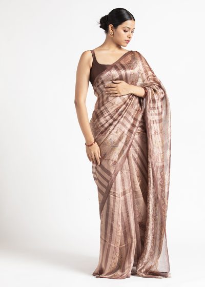Brown Printed Tissue Silk Saree