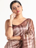 Brown Printed Tissue Silk Saree - Image 3