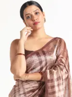 Brown Printed Tissue Silk Saree - Image 3