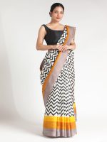 White Block Printed Silk Saree