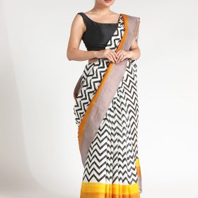 White Block Printed Silk Saree
