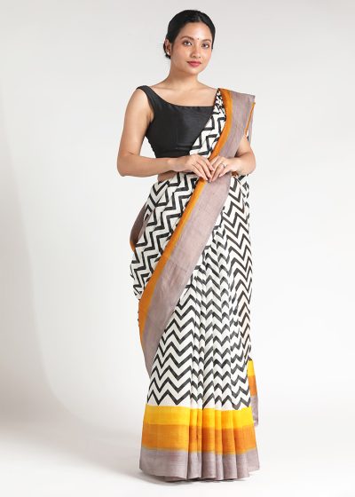 White Block Printed Silk Saree