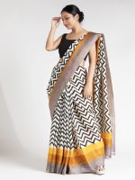 White Block Printed Silk Saree - Image 2
