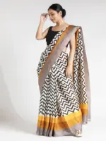 White Block Printed Silk Saree - Image 2