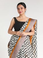 White Block Printed Silk Saree - Image 3