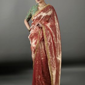 Red Tissue Silk Saree with Woven Buttis