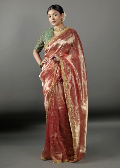 Red Tissue Silk Saree with Woven Buttis
