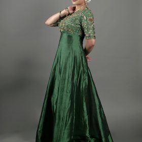 Bottle Green Embroidered Silk Dress