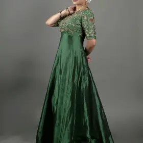 Bottle Green Embroidered Silk Dress