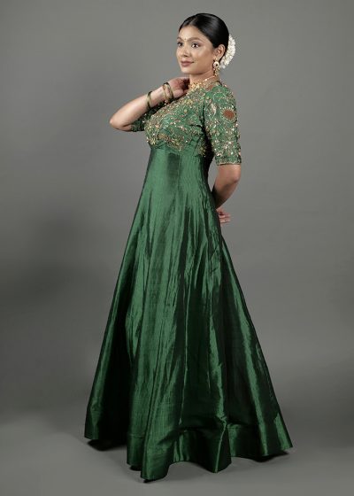 Bottle Green Embroidered Silk Dress