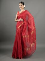 Red Chequered Handwoven Mangalagiri Silk Saree - Image 2