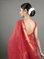 Red Chequered Handwoven Mangalagiri Silk Saree - Image 3