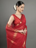 Red Chequered Handwoven Mangalagiri Silk Saree - Image 4