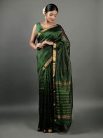 Bottle Green Chequered Handwoven Mangalagiri Silk Saree