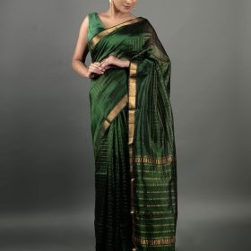 Bottle Green Chequered Handwoven Mangalagiri Silk Saree
