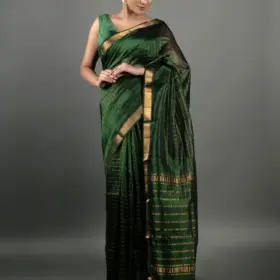 Bottle Green Chequered Handwoven Mangalagiri Silk Saree