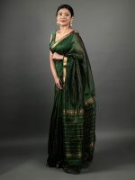 Bottle Green Chequered Handwoven Mangalagiri Silk Saree - Image 2