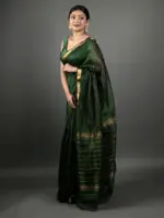 Bottle Green Chequered Handwoven Mangalagiri Silk Saree - Image 2