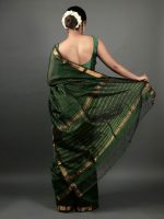 Bottle Green Chequered Handwoven Mangalagiri Silk Saree - Image 3