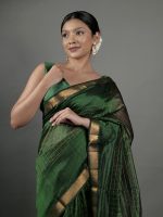 Bottle Green Chequered Handwoven Mangalagiri Silk Saree - Image 4