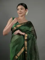 Bottle Green Chequered Handwoven Mangalagiri Silk Saree - Image 4
