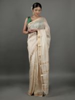 Ivory Chequered Handwoven Mangalagiri Silk Saree