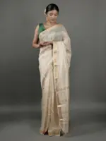Ivory Chequered Handwoven Mangalagiri Silk Saree - Image 5