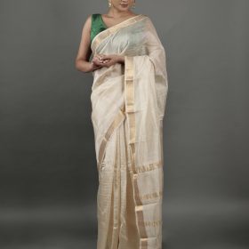 Ivory Chequered Handwoven Mangalagiri Silk Saree
