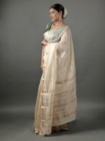 Ivory Chequered Handwoven Mangalagiri Silk Saree - Image 2