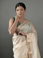 Ivory Chequered Handwoven Mangalagiri Silk Saree - Image 3